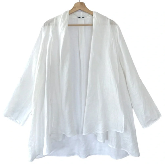 Saks Fifth Avenue White 100% Linen Open Front Shawl Collar Loose Fit Tunic Top - Picture 1 of 8